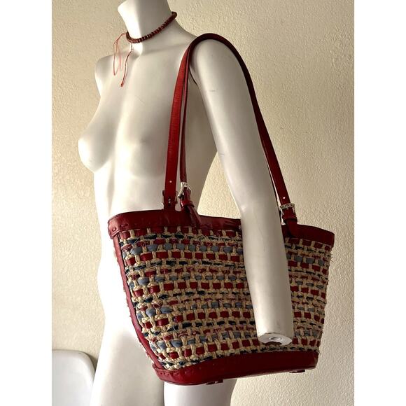 BRIGHTON Woven Red Leather Trim Tote Bag Heart Charm Paisley America RWB USA - Picture 2 of 16